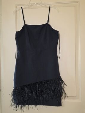NWT Sam Edelman Spaghetti Strap Asymmetric Feather Sheath Mini Black Dress Sz 10